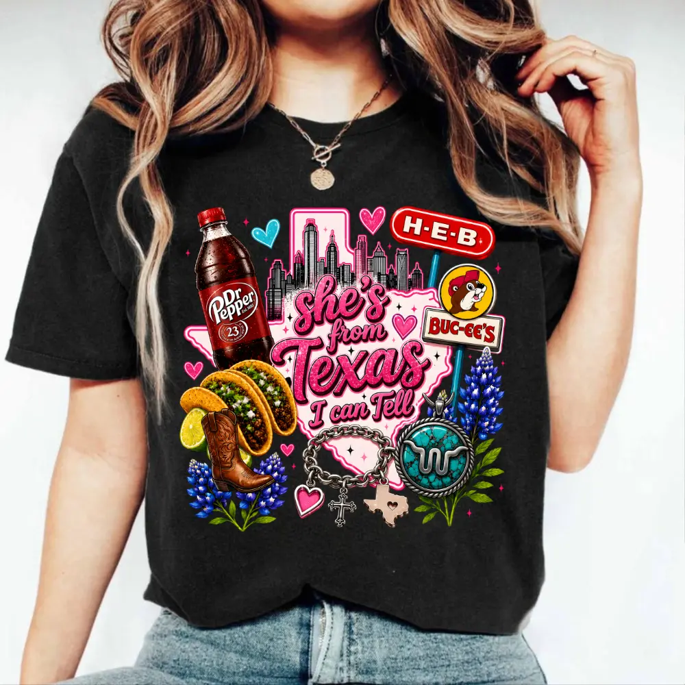 She's From Texas I Can Tell Pink Design Shirt, Girly Western Shirt, Game Day Tee, Texas Basketball Team Inspired Tee, Full Sizes, Full Colors