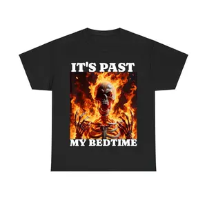 It's Past My Bedtime T-Shirt - Funny Skeleton Meme Graphic Tee, Ironic Tired Flames Cotton Shirt for Men & Women