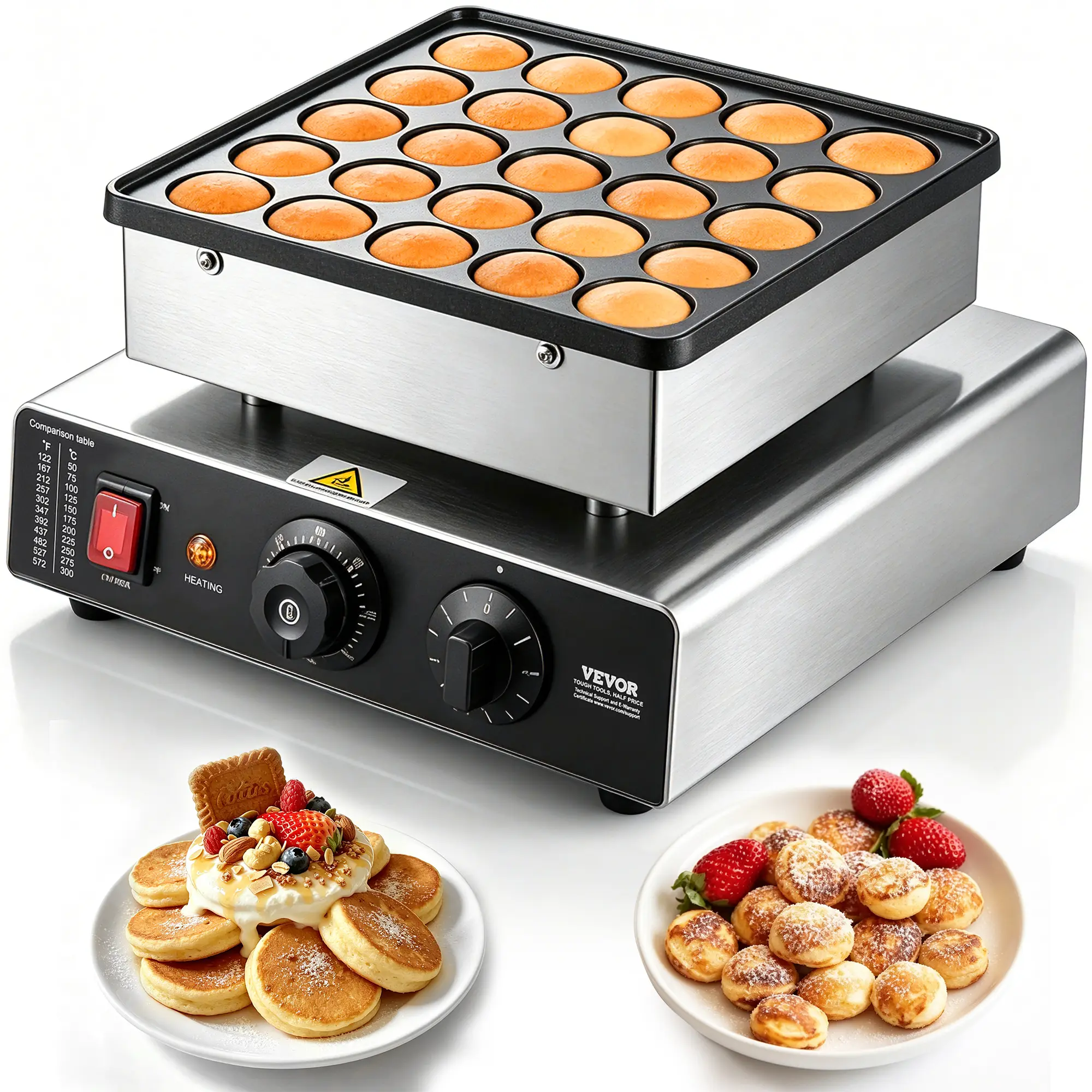 VEVOR Electric Mini Pancake Maker - 25PCS 43mm Dutch Muffin Waffle Baker, Non-stick Stainless Steel Poffertjes Grill with Pans, Commercial Dorayaki Machine with Temp Control, Stainless Steel Cookware for Home Kitchen,techvibes