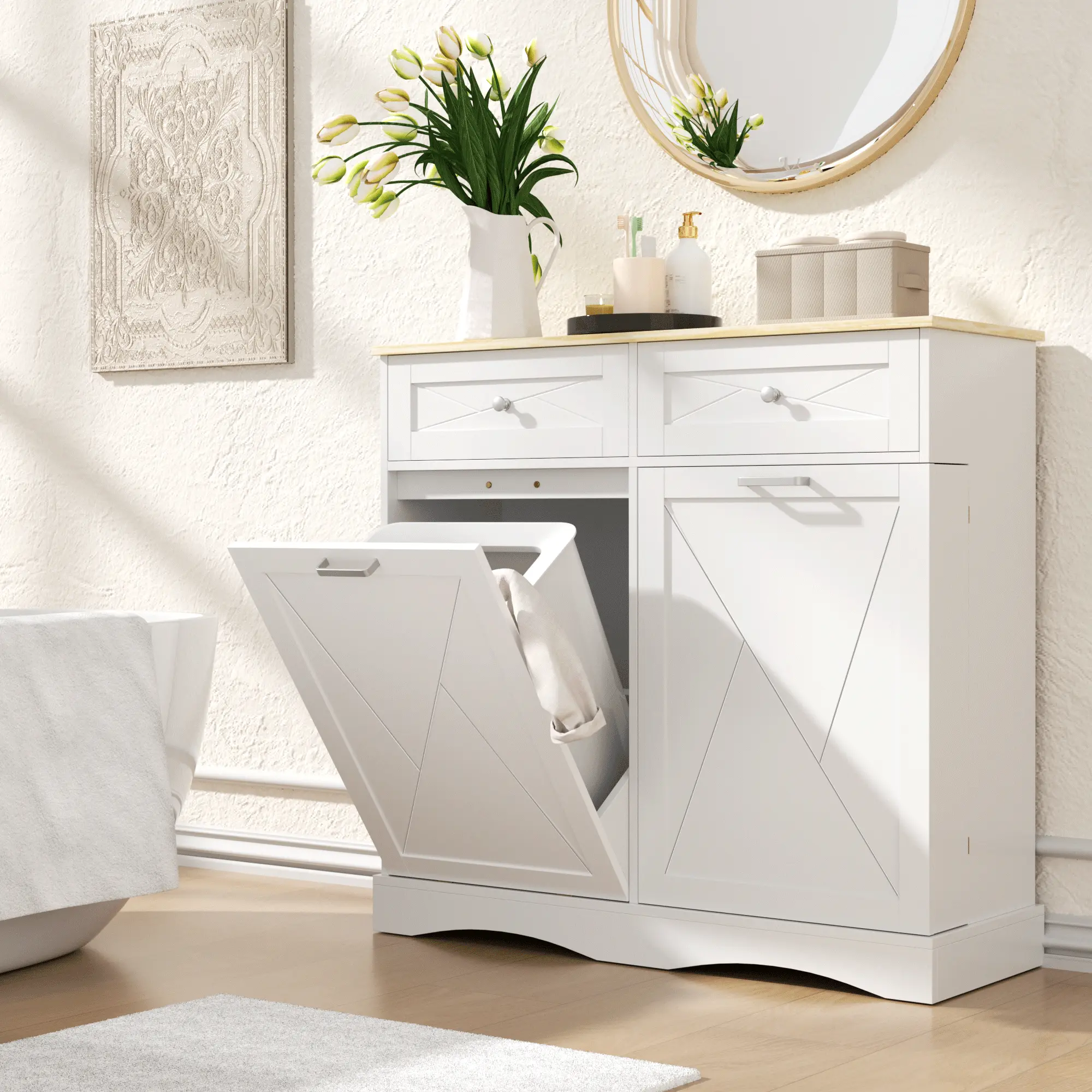 Tilt Out Laundry Hamper Cabinet with Drawer, Tilt Out Trash Can Cabinet 12 Gallon, Kitchen Island with Trash Can Cabinet, Trash Garbage Can Bin Cabinet for Laundry Room, Kitchen