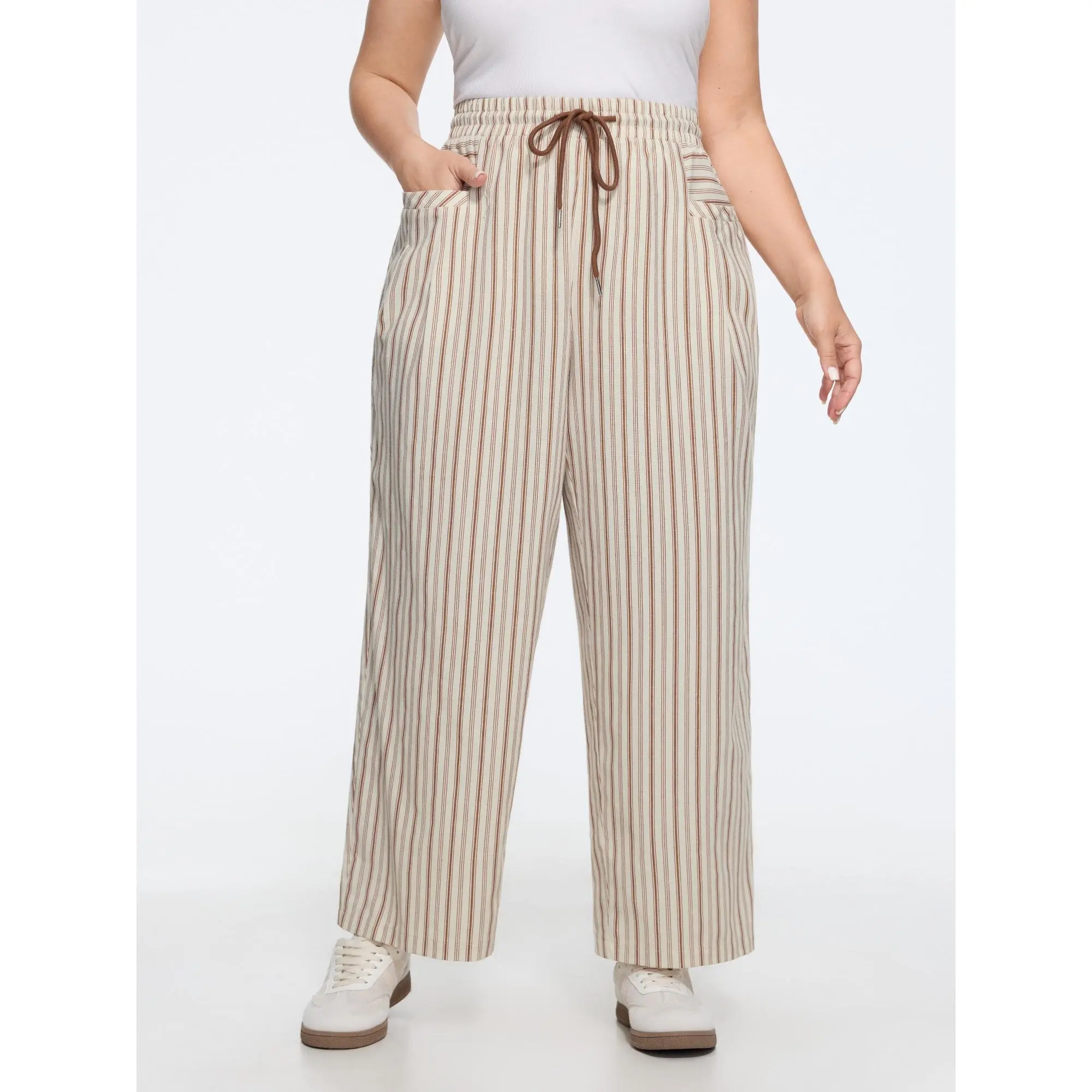 BLOOMCHIC Lady's Plus Size Rust Smooth Garment Vertical Stripe Drawstring Elastic Waist Pocket Bottom Pants [M-6X] 2026 Summer Finds, Cotton
