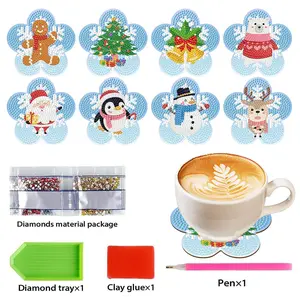 8 Piece Diamond Art Coaster Set, Christmas Snowman Diamond Painting for Beginners, 5D Gemstone Art Wooden Coasters, Craft Supplies, Diamond Painting Kits