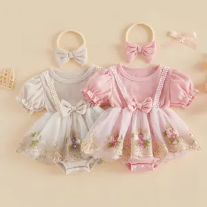 Newborn Infant Baby Girl Summer Clothes Flower Embroidery Tulle Short Sleeve Romper Dress Headband Birthday Cake Smash Outfits