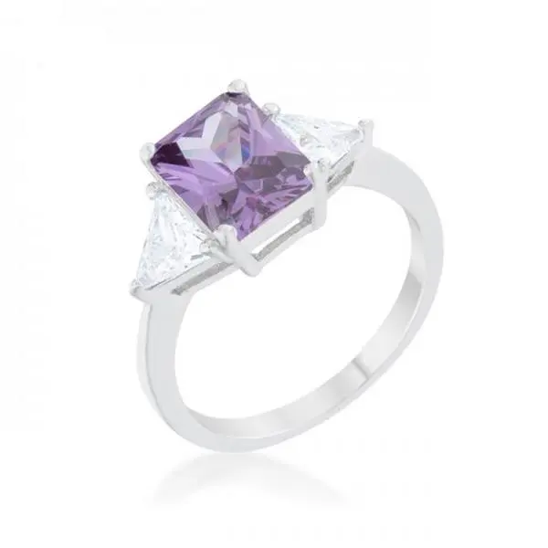 Rhodium Plated Classic Gemstone Engagement Ring, Natural Amethyst Crystal Ring - Size 5