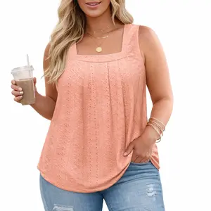 Women Plus Size Tank Tops Summer Sleeveless Loose Fit Pleated Shirts Square Neck Tunics Eyelet Flowy Tees