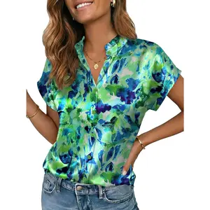 Women's Silk Satin Button Down Shirts Short Sleeve Ruffle Collar Blouses Summer Business Casual Work Tops