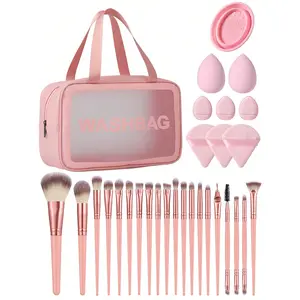 30PCS Makeup Tools Set Including:1PCS Multi-Functional Zipper Toiletry And Cosmetic Bag Waterproof+20PCS Makeup Brush Set+2PCS Makeup Sponges+3PCS Triangle Powder Puffs+3PCS Mini Air Cushion Powder Puffs+1PCS Makeup Brush Cleaning Tools