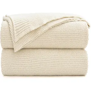 Knit Throw Blanket for Couch Sofa Bed,  Decorative, Lightweight Woven Blankets with Bonus  Bag, 50" x 60", Beige
