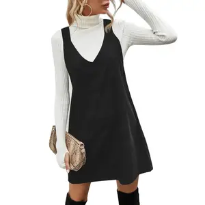 Wenrine Women's V Neck Corduroy Overall Dress Casual Loose Short Pinafore Dresses Cute Mini Jumper Dress