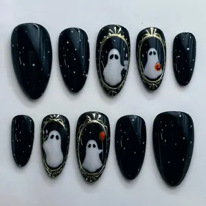 Halloween Ghost Press On Nails, Black And White Fake Nails With Cute Ghost Design, Spooky Nail Art Set