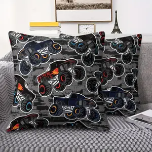Monster Truck Pattern Throw Pillow with Digital Print, 45cm Square Cushion Featuring Cartoon-Style Trucks on Dark Gray Brick Background with Inner Cushion, Vibrant Colors, Fun Decor for Kids’ Rooms and Playrooms, Soft and Comfy Kids' Pillow