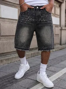 Men's Starry Shining Rhinestone-Embellished Black Stretchless Denim Jean Shorts, Y2K American Streetwear Street Fashion Boyfriend Gift, Edgy Design with Fringed Hems for Glow-in-the-Dark Party and Street-Styling