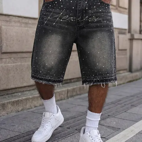Men's Rhinestone Denim Baggy Jorts, S Fits W32, Tag Size S-W32 to XXL-W40, Non-Stretch Starry Y2K Streetwear Shorts