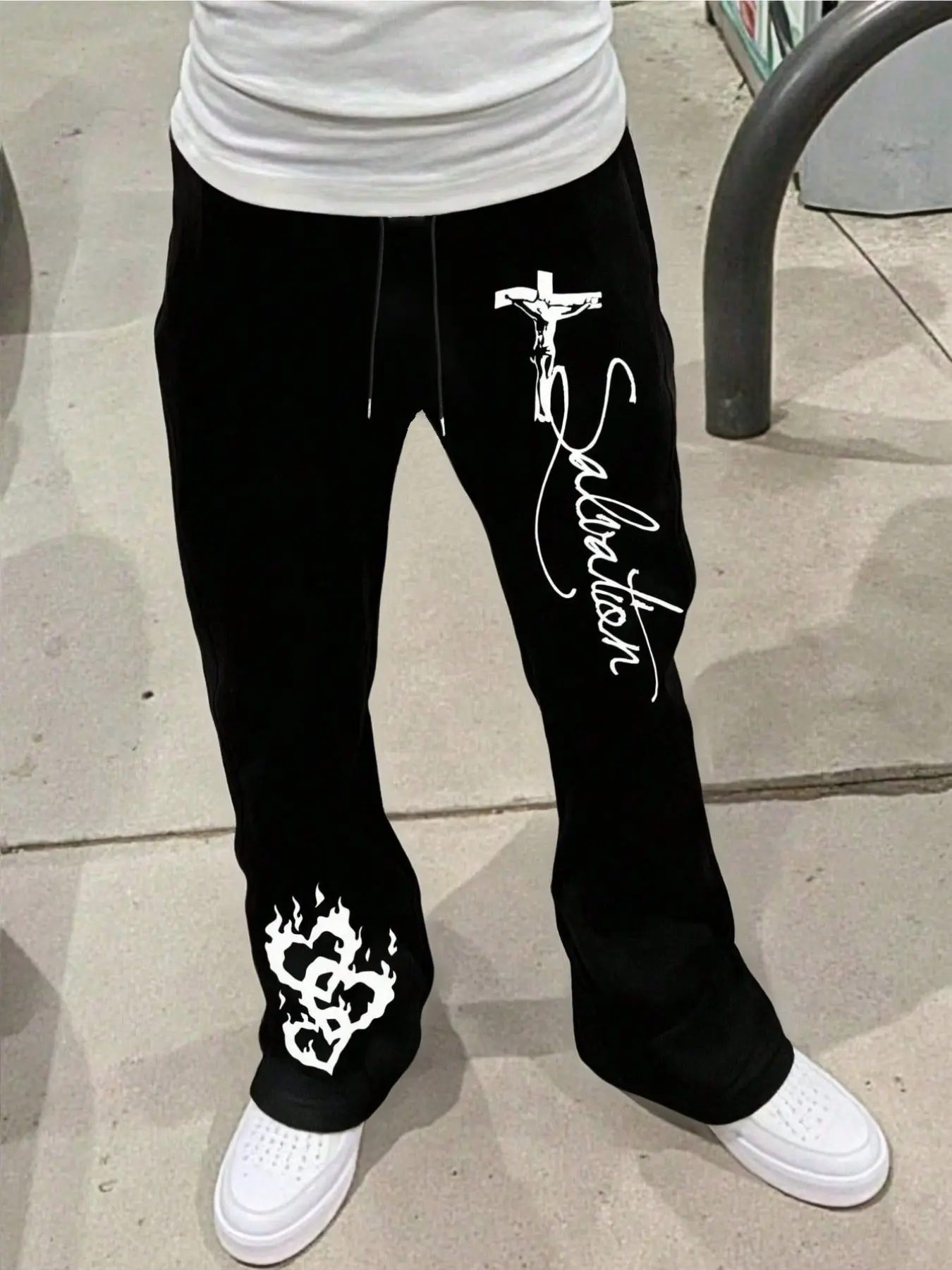 Men's Salvation Printed Graphic Loose Fit Pants - Retro Gothic Streetwear Sweatpants - Comfortable Plus Size Wide Leg Trousers for Skaters & Street Fashion