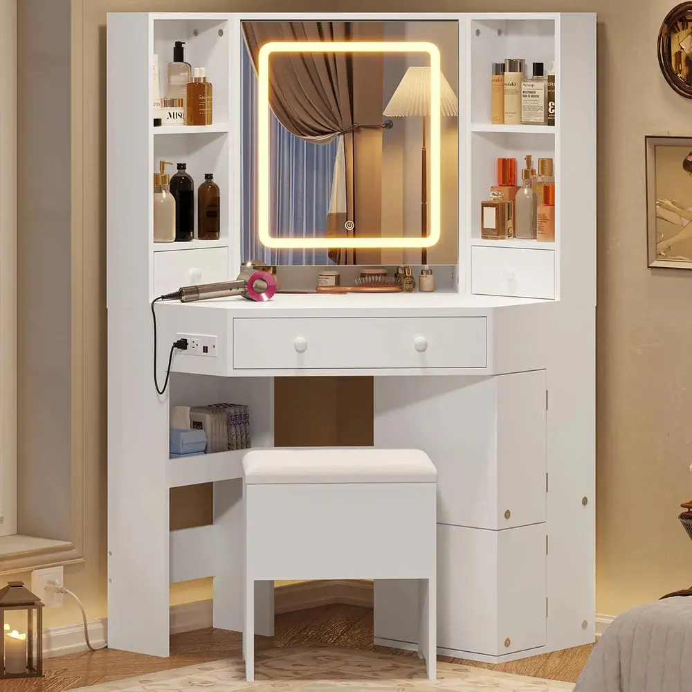 SIKAIC Corner Vanity Set - Corner Shape Engineered Wood Dressing Table with LED Mirror (3 Lighting Effects), Faux Leather Storage Footstool, Built-in Charging Station, Power Outlet, Drawers for Vanity Organization, 5 Multiple Shelves for Daily Makeup