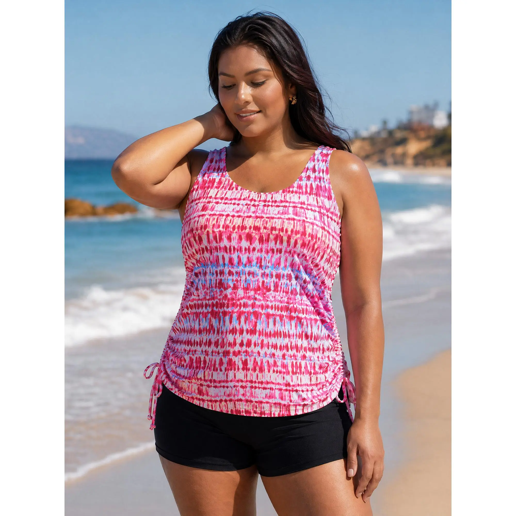 BloomChic Women's Plus Size Peach Tie-Dye Patterned Swimsuit Fashion Tankini Top - Polyester Blend (95% Polyester,5% Spandex), Chlorine Resistant, High Stretch, Bust Support, Adjustable Straps, Sleeveless Beach Swim Top, Cold & Machine Wash