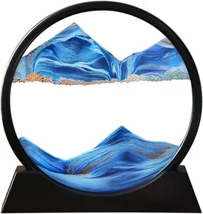 Round Moving Sand Art in Motion - 3D Deep Sea Landscape, Calming Blue Sandscape, Sensory Relaxation Desktop Decor
