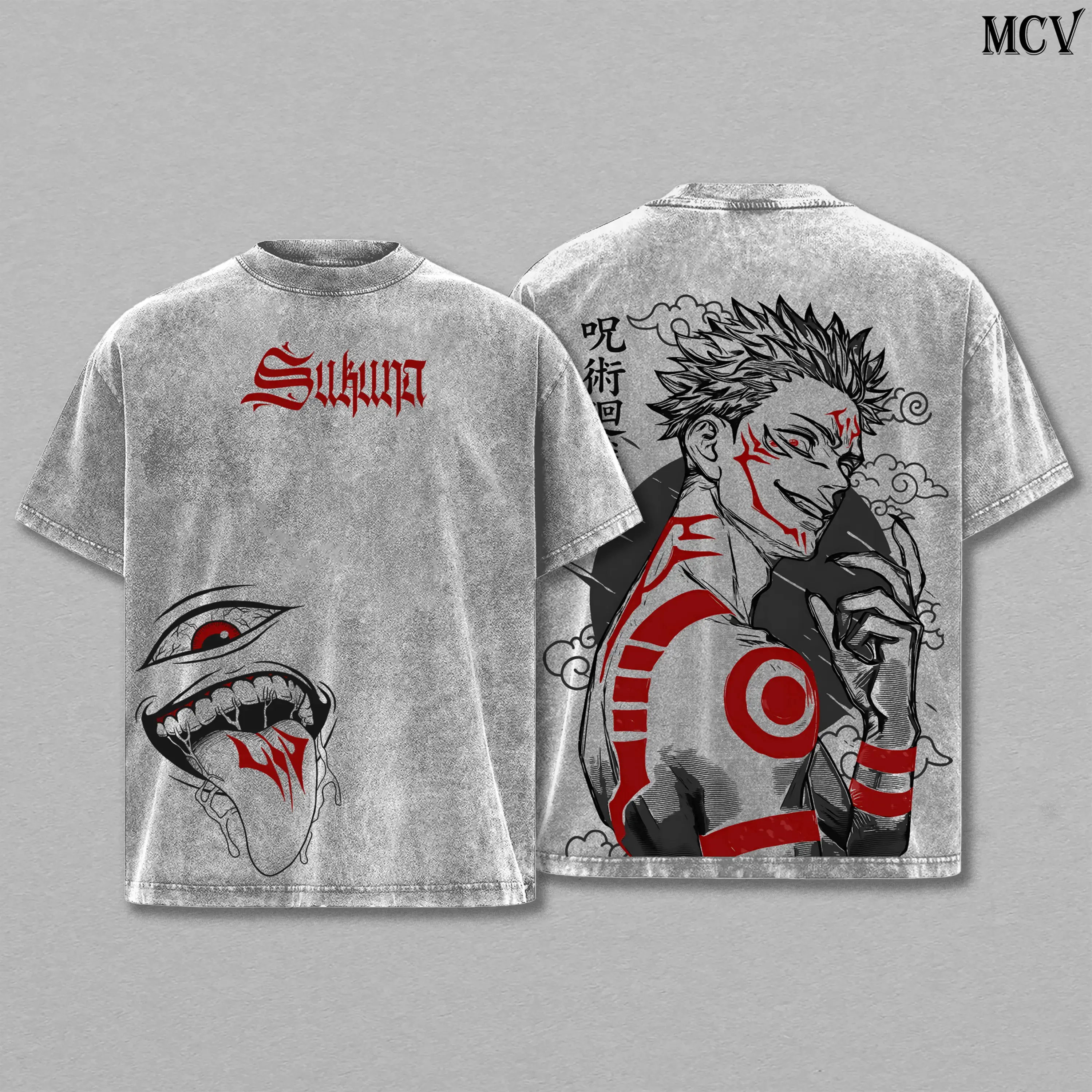 Men's Jujutsu Kaisen Sukuna Pre-Washed Soft Rib Round Neck Oversize Tee - Heavy Cotton Short-Sleeve T-Shirt, Double-Printed Culling Game Arc Graphic, Unisex Retro Streetwear, Ryomen Sukuna Vessel Curse King Top, Japanese Otaku Gift