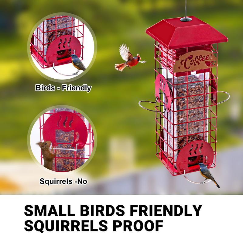 Squirrel Proof Bird Feeders for Outdoors Metal Mesh Hanging Bird Seed Feeders for Outside Pole Weight -Activated & 4 Adajustable Perschs 2.2 lbs Capacity (Red)