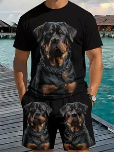 Rottweiler Dog Trendy Cool Vibe Men's 3D Digital Print Round Neck Two-Piece Set, 2Pcs, Trendy Fashion Suit, Trendy Retro Casual Two-Piece Set, Vacation Style Trendy Outfit, Breathable Sports Casual Style, Perfect Holiday Gift for Men