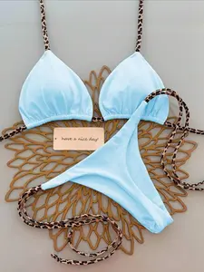 2pcs Set Leopard Print Halter Tie Bikini Swimsuit