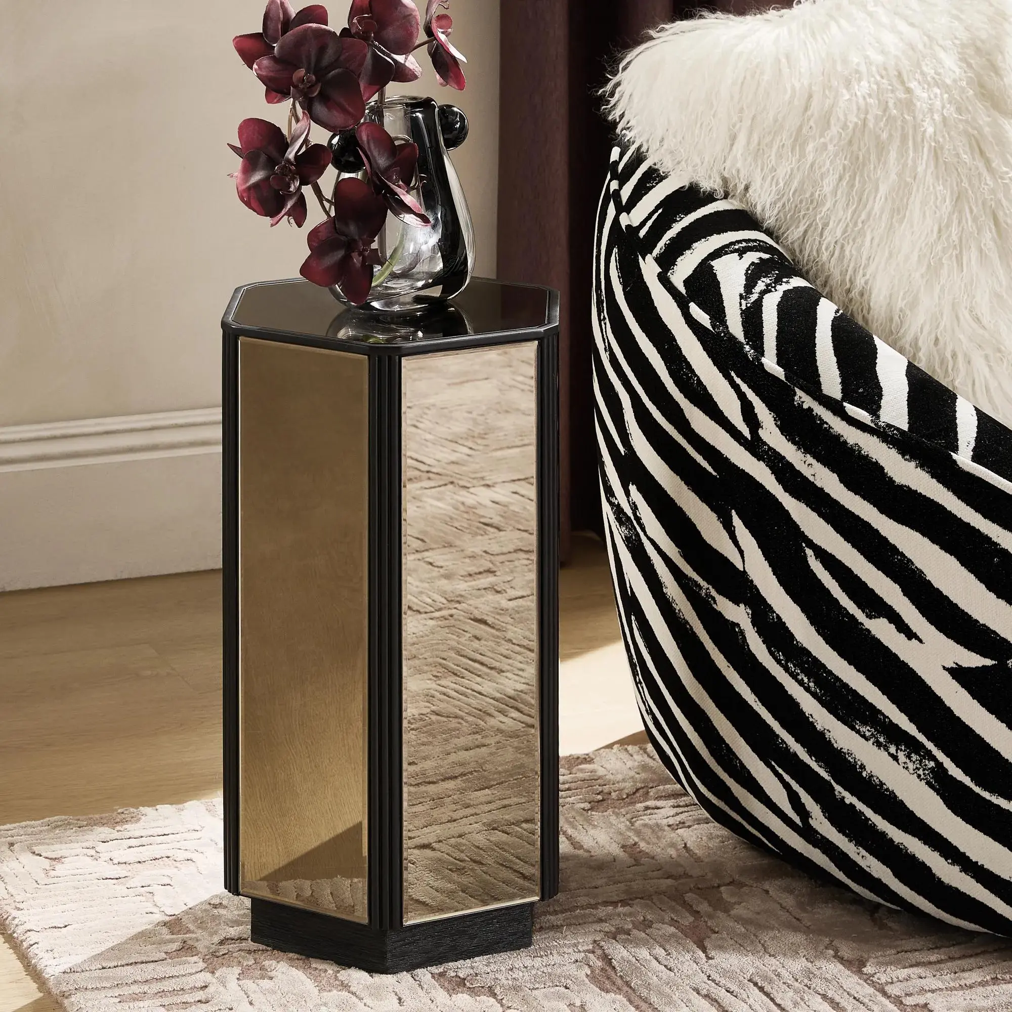 Z Gallerie Glimmer Bronze Mirrored End Table - 12 in, Angled Planes, Faceted Silhouette, Modern Glamour, 2-Tone Look Indoor Furniture, Two-Tone Look