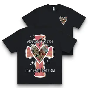 Because He Lives Cross T-Shirt - Leopard Heart Accent, Christian Faith Casual Top