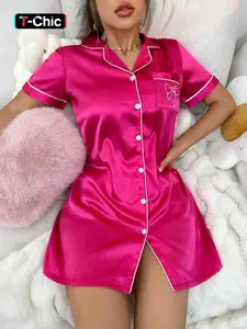 Women's Sexy Feminine Nightdress, Bowknot Rose Short Sleeve Pajamas, Button Front Dress, Elegant Fitted Sleepwear Loungewear for All Seasons