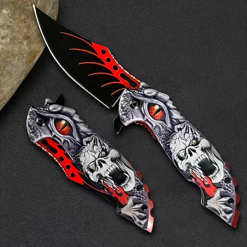 Skeleton Tactical Folding Knife - Stainless steel survival pocket knife with red decoration, 7.87-inch blade, suitable for outdoor camping, hiking and wilderness exploration, camping accessory, Christmas and Halloween gift for male friends