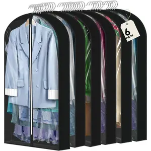 6 Pcs 60" Garment Bags for Hanging Clothes, Clear Suit Bags for Closet Storage Clothing Storage, Garment Bags Shoulder Covers with 4" Gussets for Coats, Jackets, Shirts and Sweater Black