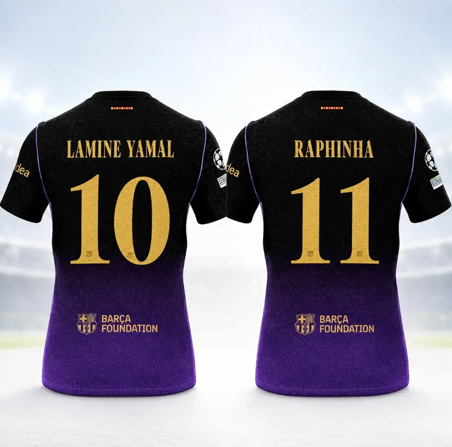 FC Barcelona Black Purple Away Jersey, Lamine Yamal #10 Football Shirt, Breathable Performance Soccer Top, Lightweight Soccer Shirt, Athletic Match Day Fan Gear