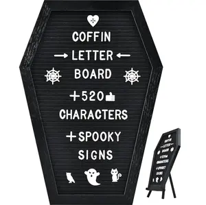 Coffin Letter Board - 520 Characters Spooky Halloween Characters with Wooden Stand and Canvas Bag - 16x11 Inches - Felt Message Board (Black)
