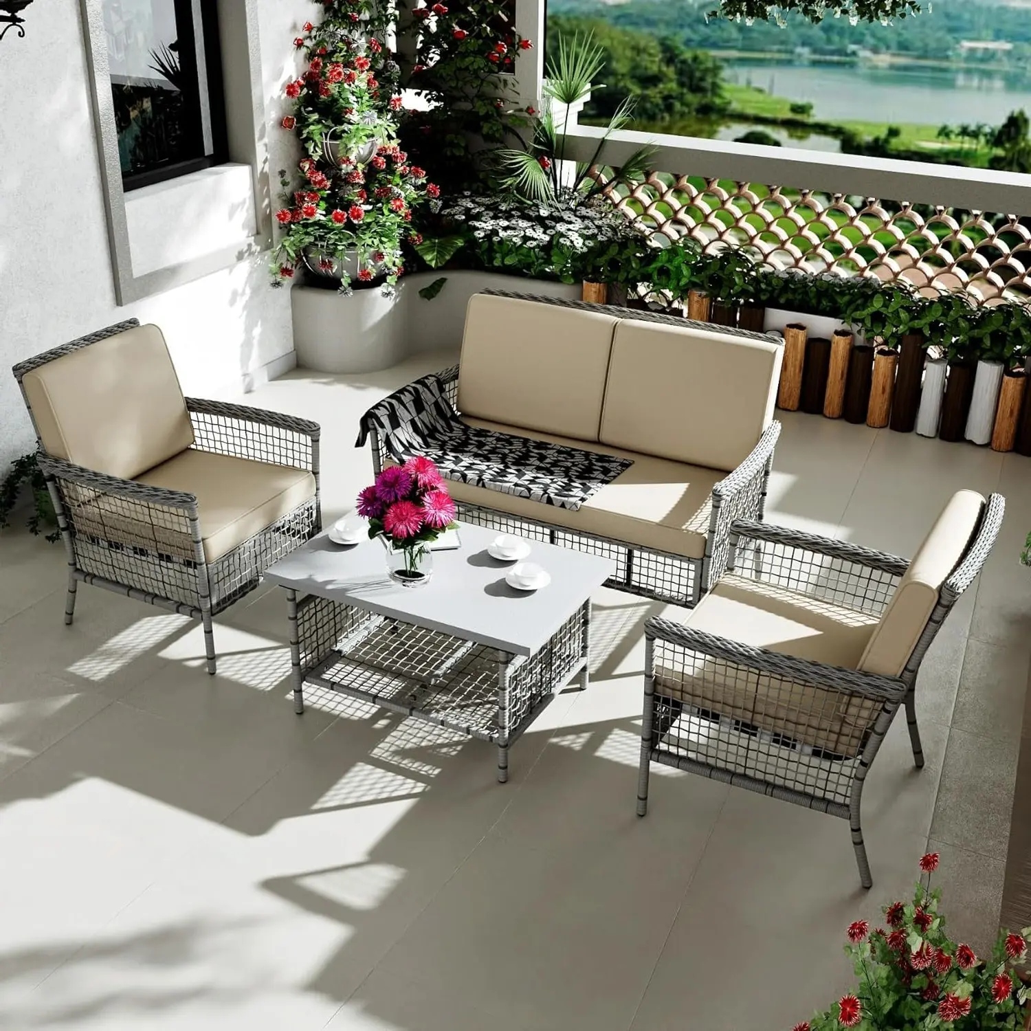 4 Pieces Outdoor Patio Furniture Set, Wicker Rattan Chairs & Loveseat Couch with Side Table and Cushions, All-Weather Patio Seating Set for Backyard, Deck, Porch (Beige)