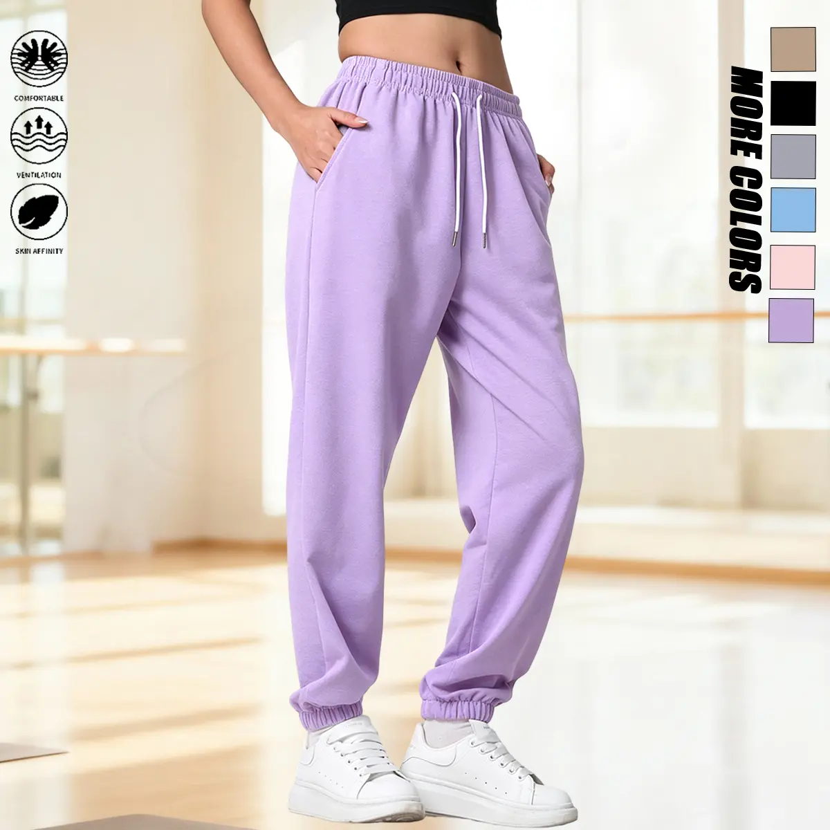 Women’s athletic pants featuring an elastic waistband with drawstring design, classic solid fabric for comfort, suitable for outdoor sports, commuting to work, vacations, and more occasions; summer women’s long pants, women’s bottoms. Womenswear