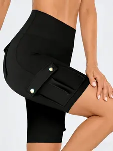 Fashion High-Waisted Cargo Biker Athletic Shorts Plus Size Casual Pocket Detail Slim-Fit Shorts, Stretchy Breathable Fabric, Y2K Clothes Streetwear Outfits, Trendy Gym Daily Wear, Comfortable Bodycon Fit Party Casual Bottoms