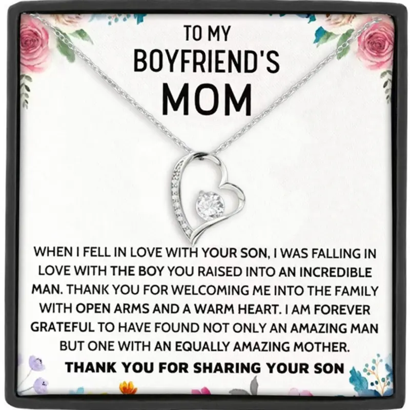 To My Boyfriend' Mom Copper Zircon Heart Pendant Dainty Accessory Necklace, Dainty Necklaces, Gift for Boyfriend Mom, Mother's Day Present, Includes Gift Box and Blessing Card