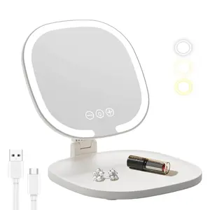 Rechargeable LED Makeup Mirror with Light, Three-Color Adjustable Brightness, Touch Control, Foldable Design, Portable for Travel, Dorm, Bedroom