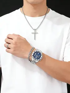 Men's Fashion Quartz Watch Set, Silver Color Dial, Includes Cross Necklace, Cuban Bracelet, Ring, Perfect Gift for Him