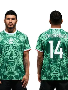 Mexico National Team G. Mora #7 Aztec Calendar Print Soccer Jersey Green Breathable Quick-Dry Mesh Short Sleeve Football Shirt for Mexico Fans CHICHARITO 14 American Soccer Enthusiasts & Collectors