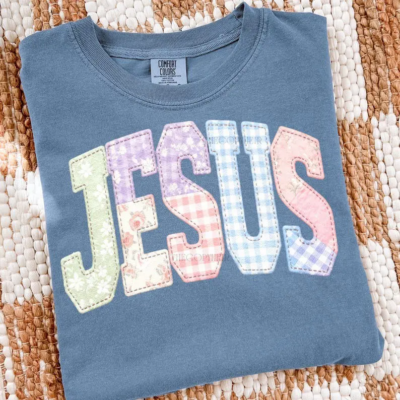 Comfort Colors Faith Inspired Faux Quilted T-Shirt, Preppy Cottagecore Graphic Tee, Soft Casual Religious Wear,  Womenswear Style Style