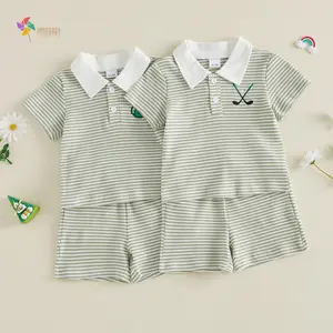 Toddler Baby Boy Golf Outfit​ Short Sleeve Lapel Collar Golf Embroidered Shirt Tops Shorts Set Striped Daily Clothes