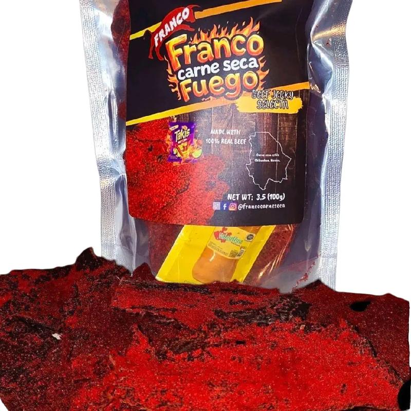 Franco Carne Seca Fuego Beef Jerky Spicy Snack 3.5 oz Dry Meat Snack Made with 100% Real Beef Dehydrated Fuego Takis Flavor