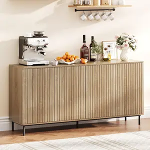 63" Modern Fluted Sideboard Buffet Cabinet with 4 Fluted Doors & Metal Legs & Adjustable Shelves, Kitchen Sideboard Accent Cabinet Console Table for Kitchen, Entryway, Living Room, Dining Room