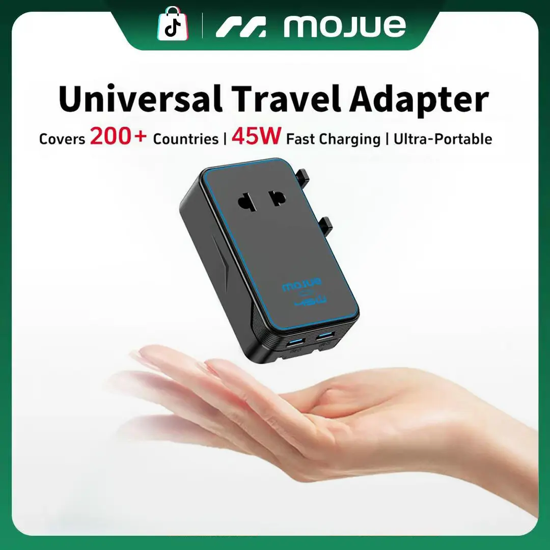 MOJUE Universal travel adapter, 4 ports, 1× 2-Pin AC, 1 USB A, 2 USB C international power adapter, suitable for global plugs in Europe/UK/Australia/Asia, a must-have for travel, applicable to over 200+ countries Multifunctional Charger