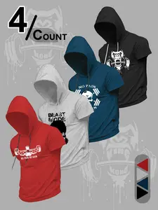 Fitness Gorilla No Pain Print Four-Color Hooded Short Sleeve T-Shirt Set, Sporty Casual Top, Long H-Type Silhouette, Street Style