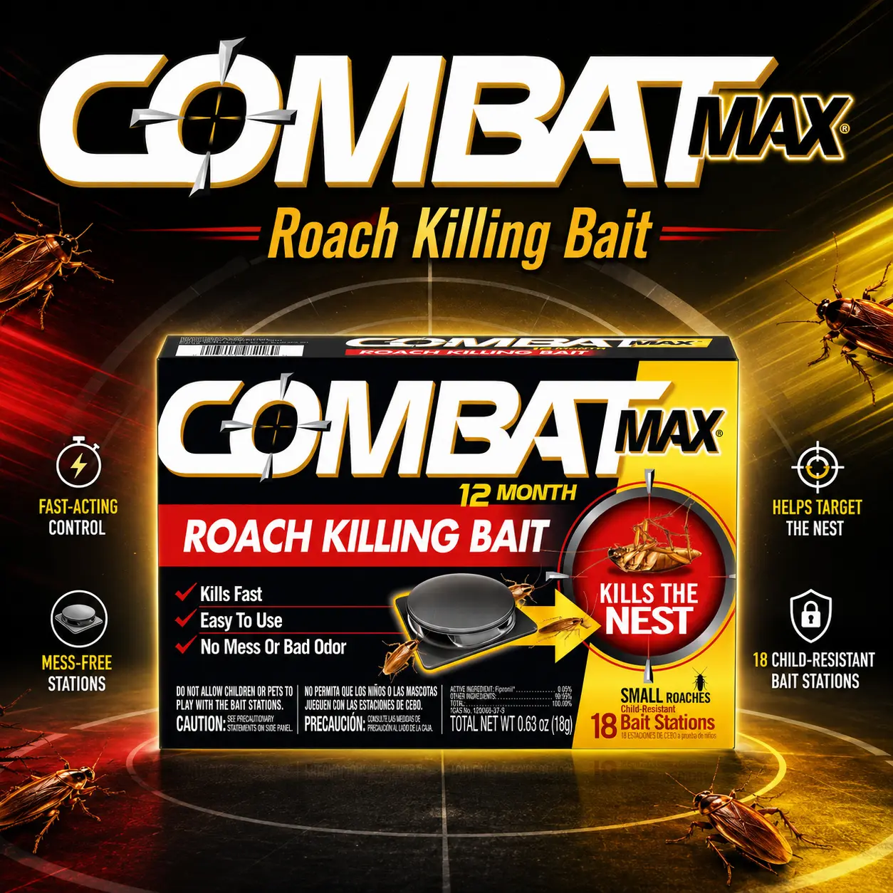 Combat Max 12 Month Roach Killing Bait, Small Roach Bait Station, 18 Count, Child-Resistant, Fast-Acting Fipronil Cockroach Killer & Nest Destroyer, No Vapor, Fumes or Odor, Mess-Free