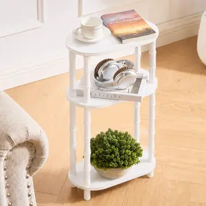 3-Tier White Oval Side Table Multi-Use Accent End Table & Nightstand with Bamboo-Style Legs for Small Spaces