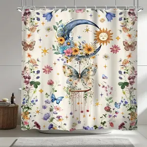 Bohemian Butterfly Moon Soft Shower Curtain, Perfect for Bathroom Decor, Easy to Clean, Multiple Sizes Available, Includes Shower Curtain Hooks