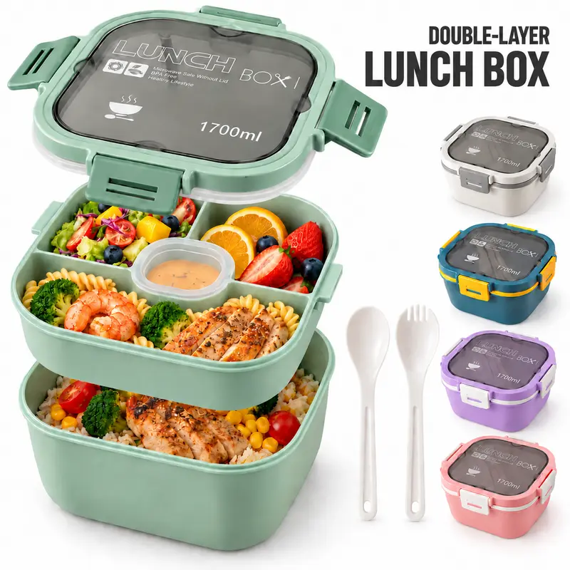ONESHOW HOME Modern Silicone 3-Compartment Plain Leakproof Bento Box Lunch Container with Dressing Cup, Lid & Silicone Seal, Portable Reusable Meal Prep Snack Container for Kitchen Tableware, Leakproof Lunch Containers