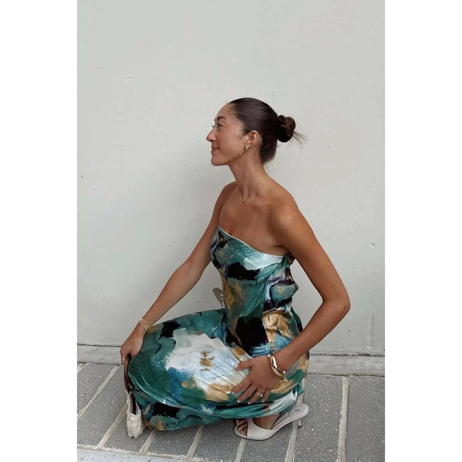 Women's Elegant Natalia Blue and Gold Watercolor Print Satin Strapless Maxi Dress, Casual Wear for Cocktail Occasions - TikTok Shop Women's Elegant Natalia Blue and Gold Watercolor Print Satin Strapless Maxi Dress, Casual Wear for Cocktail Occasions - TikTok Shop